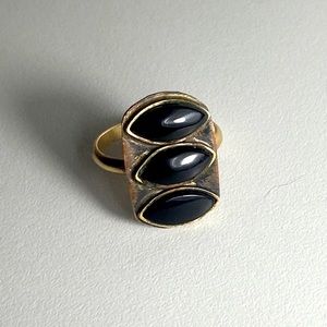 Handmade Gold and Brass Black 3 Stone Third Evil Eye Statement Ring Onyx Crystal